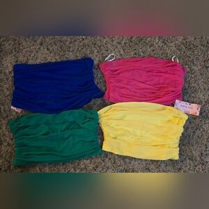 4 Solid  Slim Fit Ruched Elasticity Mesh Tube Tops Strapless.